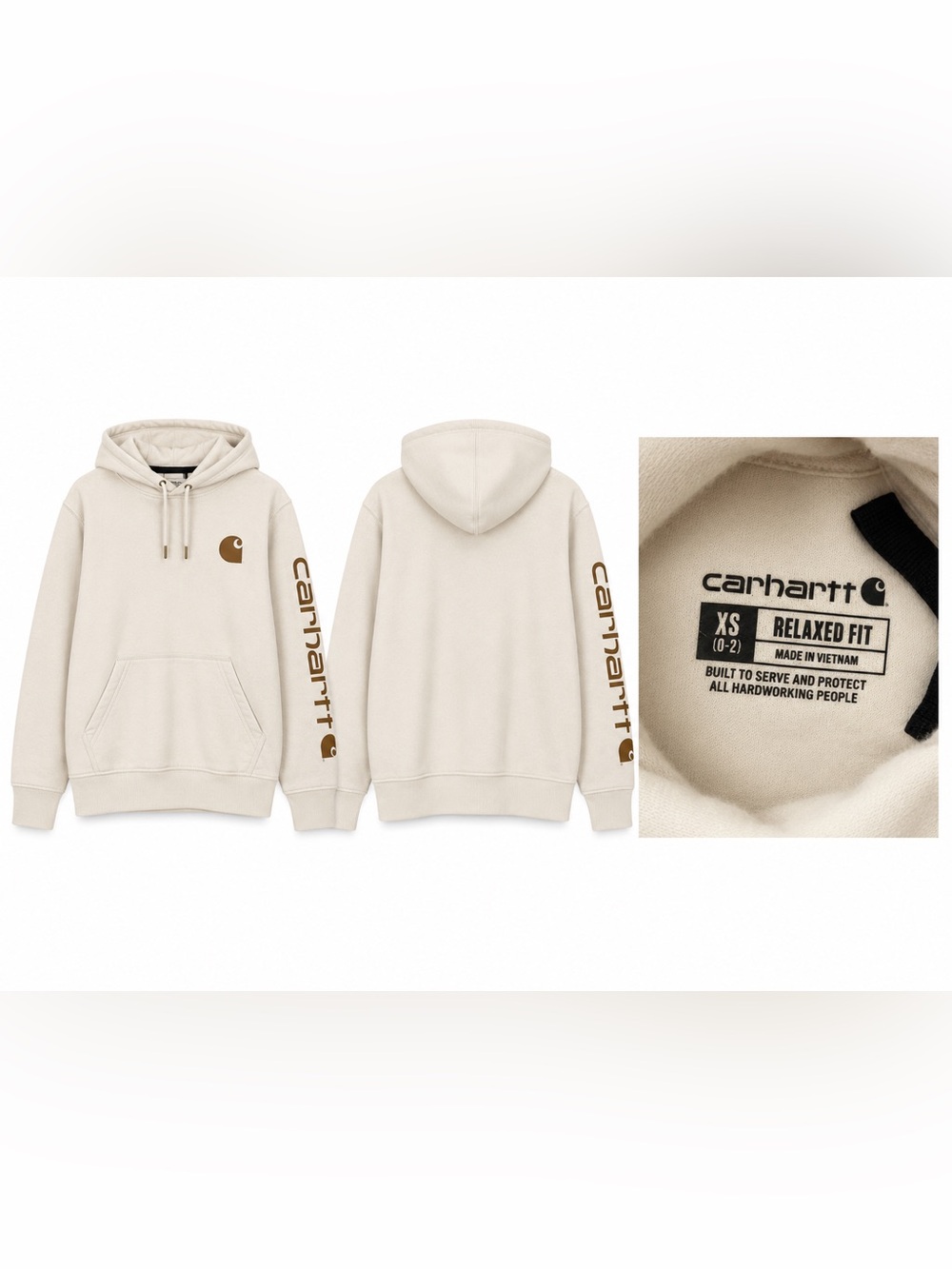 Carhartt Cream Hoodie with Brown Sleeve Logos